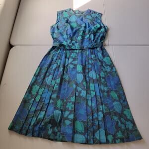 Vintage Carol Brent Dress Womens 14 Blue Floral Fit & Flare Pleated Midi 60s